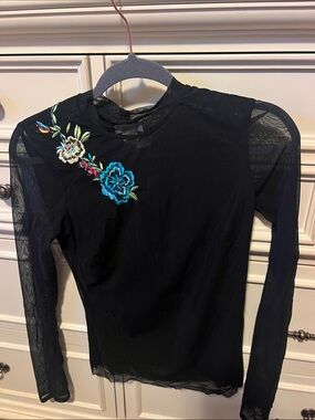 Cache Black Mesh Long-Sleeve Top with Floral Embroidery